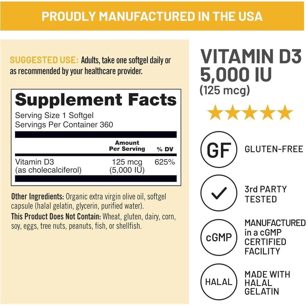 Vitamina D3 de NatureWise para apoyo inmunológico, muscular y óseo, sin GMO ni gluten, en aceite de oliva orgánico