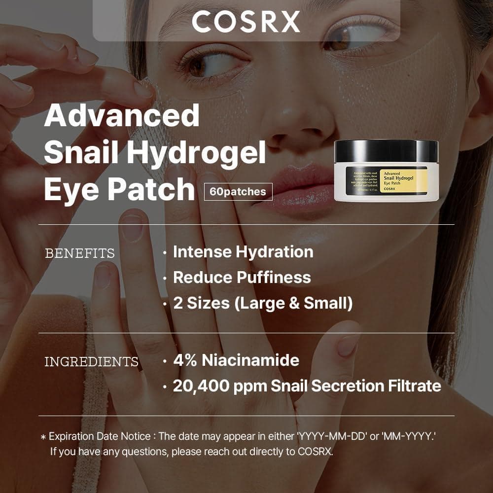 COSRX Parche avanzado para ojos de hidrogel de caracol, tratamiento hidratante, anti-hinchazón, sin parabenos